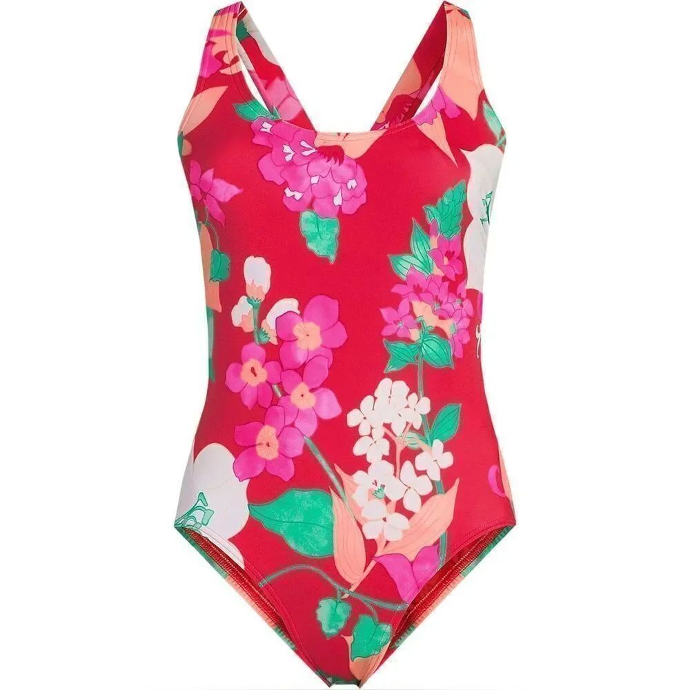 Land's End one piece X back high leg tug swimsuit coral rose lilies Various